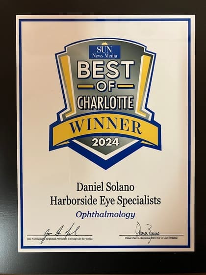 Best of Charlotte 2024 winner plaque: Daniel Solano, Harborside Eye Specialists, Ophthalmology